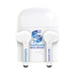 White true wireless stereo earphones placed in a charging case, featuring a logo on both the case and earbuds.