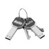 A silver LED flash drive shaped like a key, attached to a metal keyring, with a logo.