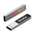 A silver and black USB flash drive featuring a logo on both sides.