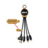 A charging cable holder in wood design with multiple charging cords in black, featuring a logo and a message about recycled materials.