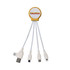 A white charging cable with multiple connectors and a circular branding logo at the top.