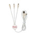 A white Murano charge cable featuring multiple connectors: USB, Lightning, and micro USB, with a circular branding tag.