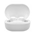 A pair of white true wireless stereo earbuds in a charging case, with the case open.