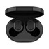 Black wireless stereo earbuds in a charging case, with the case slightly open exposing the earbuds inside.