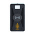 A black solar wireless power bank with a textured surface and an emblem. It features a wireless charging symbol.