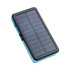 A solar-powered wireless power bank in black and blue, featuring a solar panel design on the top surface.