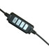 A black headphone control unit featuring four buttons for adjusting sound settings and volume.