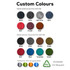 A collection of fabric swatches in various colours, including black, grey, blue, red, and green, with textures visible.