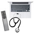 A silver tool kit with various bits, a black stethoscope, and a silver laptop keyboard. The kit includes a logo.