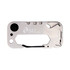A silver multi-tool featuring various tools and a keyring attachment, with a logo included.