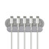 A grey cable organiser with several white charging cables neatly arranged on it. It features a branding logo.
