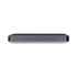 A black Bluetooth speaker with a sleek, rectangular design and a metal speaker grille along the bottom edge.