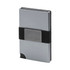 A grey vegan RFID wallet with a black elastic band and a small logo.
