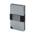A grey vegan RFID wallet with a black elastic band, featuring a textured patch on the front for added grip.