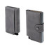 A grey vegan wallet with a textured finish, featuring a snap closure and a cardholder compartment.