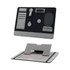 A grey and black clipboard organiser with compartments for stationery and a device holder. It features a logo.
