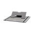A grey clipboard organiser with a tablet stand, featuring a textured surface and elastic closure. It has a logo.