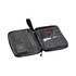 A black travel wallet with a mesh pocket, slots for cards, and a section for a passport. It has a handle.