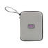 A grey travel wallet with a zippered closure and a loop handle, featuring a branding logo.