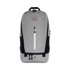 A grey and black backpack with a front zipper pocket and a logo on the top. It has padded shoulder straps.