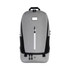 A grey and black eco-friendly backpack with a smooth texture and a front zip pocket, featuring a logo.