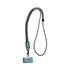 A black and white patterned crossbody phone strap with a clip and a card holder attachment.