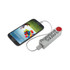 A white custom power bank is connected to a smartphone, featuring a logo and a red button.