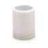 A white touch lamp speaker with a silver mesh top and control buttons at the base, featuring a simple and sleek design.