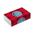 A red and white checkered packaging box with a logo on the front.