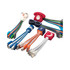 A collection of custom moulded charge cables in various colours, featuring playful shapes and a logo on some cables.