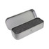 A silver tin box with a removable lid, featuring a black foam interior for pen storage.