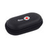 A black zippered case with a rounded shape and a logo on the front. The case is compact and hard-shell.