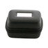 A black zippered adaptor case with a smooth exterior and a rounded shape, featuring a logo on the front.