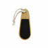 A bamboo paddle nail file featuring a black abrasive surface and a decorative rope loop.