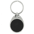 A silver keychain with a teardrop shape and a black textured surface.