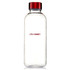 A drink bottle in clear plastic with a red lid and a logo on the side.
