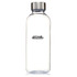 A drink bottle made of clear Tritan material with a silver lid and a logo on the front.