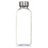 A drink bottle with a transparent body and silver screw cap, featuring a logo at the top.