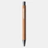 A wooden pen with a black tip, featuring a logo on the barrel. The pen has a natural bamboo finish.
