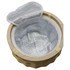 A wooden cooler basket with a silver insulated interior, featuring a removable lid.