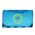 A blue picnic blanket with a folded design and a circular logo in the centre.