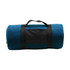 A rolled-up blanket in a teal colour, secured with a black strap. The blanket has a logo on the strap.