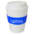 A drink bottle with a white body and blue silicone grip, featuring a logo.