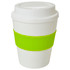 A large white cup with a green silicone band and a lid, featuring a logo.