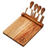 A wooden cheeseboard with four stainless steel knives, featuring a logo on the board.