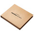 A brown, recycled cardboard folder with an embossed logo on the front.