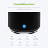 A black Bluetooth speaker with a blue LED indicator at the base, showcasing various function prompts.