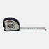 A silver and black professional tape measure with a branding logo, extended to show measuring tape.