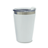 A drink bottle with a white exterior and stainless steel band, featuring a clear lid and an airtight seal.