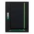 A gift set featuring a black notebook with a green elastic band, a green pen, and a USB drive in a box.